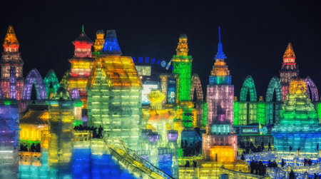 Harbin, China - February 14, 2014: The Harbin International Ice Festival Art Expo, which takes place each winter in Harbin is one of the largest ice festivals in the world. The huge structures are built from 2-3 ft blocks of ice taken from the Songhua Rivのeditorial素材