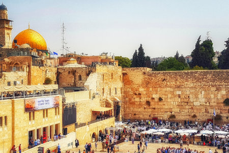 Jerusalem, Israel - 13 September 2018: View from above with crowd praying at the Western wall,...