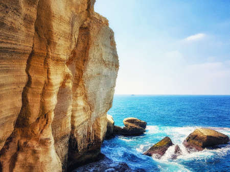 Rosh HaNikra  is a geologic formation on the border between Israel and Lebanon, It is a white chalk cliff face which opens up into spectacular grottos.の写真素材