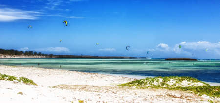 Many kitesurfers at Madagascar, Africaの写真素材