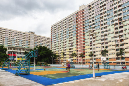 Hong Kong, China - 24 June 2019: Colorful Basketball Court in Choi Hung oldest public housing estates in Hong Kong.のeditorial素材