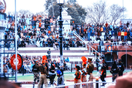 Wagah, India - March 13, 2019: The marching Pakistani and Indian guards in national uniform at the...