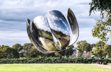 Buenos Aires, Argentina - 29 August: Floralis Generica a working metal sculpture in the United Nations Square opens and closes its petal based on the incidence of solar rays. Located in the Recoleta Neighborhood.のeditorial素材