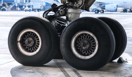 Santiago, Chile - 30 August 2018: Aircraft Landing Gear Close up.の写真素材