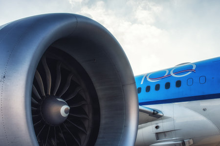 Santiago, Chile - 30 August 2018: KLM Engine and part of the fuselage with 100th year celebration of being the oldest airline in the word.のeditorial素材