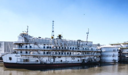 Buenos Aires, Argentina - 31 August 2019:  Perspective view of casino boat parked at river in Buenos Aires city, Argentinaのeditorial素材