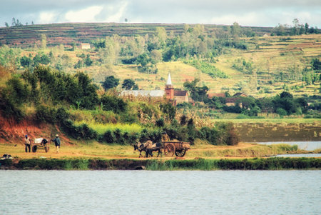 Lake Tritriva, Madagascar - 04 May, 2012: Farming Community Near Lake Tritriva, Madagascar, Africa.のeditorial素材