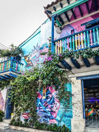 Cartagena de Indias, Colombia - December 27, 2019: Colourful murals decorating the wall of a house in the Getsemini area of the historic city of Cartagena in Colombiaのeditorial素材