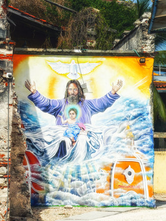 Cartagena , Colombia - 27 December 2019: Colourful mural decorating a wall in the Getsemini area of the historic city of Cartagena in Colombiaのeditorial素材