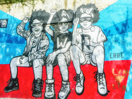 Cartagena , Colombia - 27 December 2019: Colourful mural decorating a wall in the Getsemini area of...