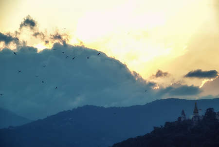 The romantic sunset view and Swayambhunath Stupa of Kathmandu, Nepal