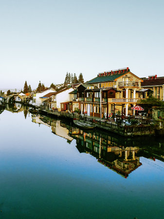 Zhujiajiao, China - November 15 2019: Chinese traditional architecture and canal in Shanghai Zhujiajiao water townのeditorial素材