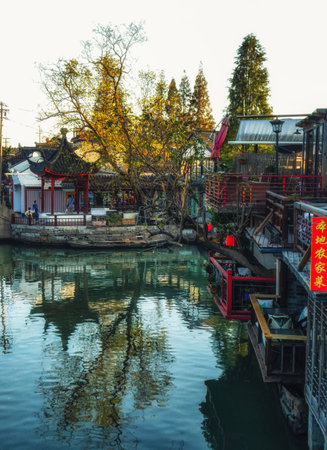 Zhujiajiao, China - November 15 2019: The ancient canal town of Zhujiajiao, in the Qingpu district of Shanghai, China. Famous for it's ancient bridges, the town is home to some 60,000 people and has a history stretching back at least 1,700 years.のeditorial素材