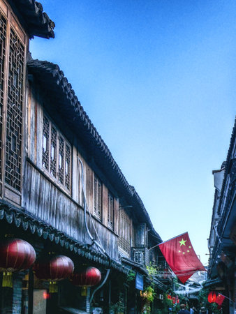Zhujiajiao, China - November 15 2019: Zhujiajiao an ancient town located in the Qingpu District of Shanghai. Old houses dotted with Chinese lanterns surrounding the streets along the canals.のeditorial素材