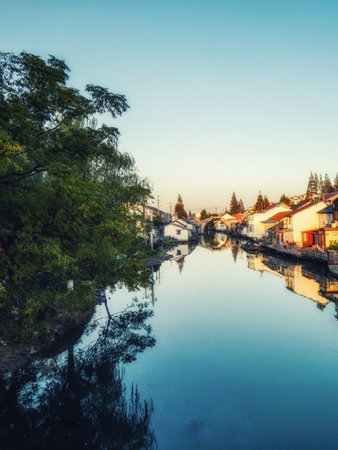 Zhujiajiao, China - November 15 2019: Chinese traditional architecture and canal in Shanghai Zhujiajiao water townのeditorial素材