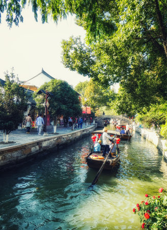 Zhujiajiao, China - November 15 2019: Chinese traditional architecture and canal in Shanghai Zhujiajiao water townのeditorial素材