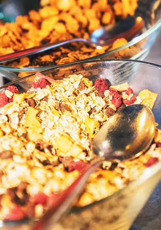 Cereals for breakfast at a Hotel breakfast buffet.