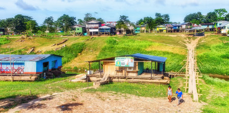 Leticia, Colombia - October 03, 2019: Town of Leticia, during the low water season. Tres fronteras. Three borders. South America.のeditorial素材