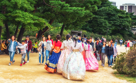 Asian women dressed Hanbok pose of standing in Seoul, South Koreaのeditorial素材