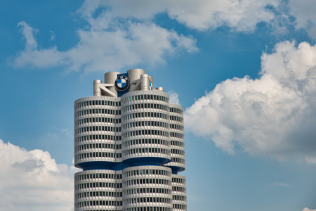 munich, Germany - August 1th, 2019: BMW four-cylinder tower is a Munich landmark which serves as world headquarters for the Bavarian automaker.のeditorial素材