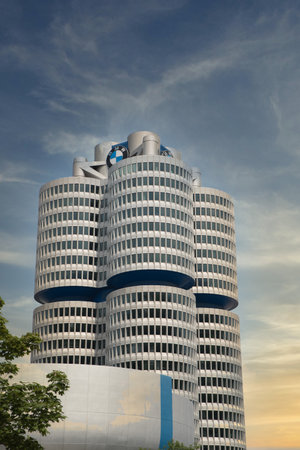 munich, Germany - August 1th, 2019: BMW four-cylinder tower is a Munich landmark which serves as...
