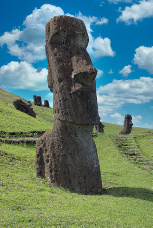 Moai meaning statue in Rapa Nui, are monolithic human figures carved by the Rapa Nui people on Easter Island in eastern Polynesia between the years 1250 and 1500.の写真素材