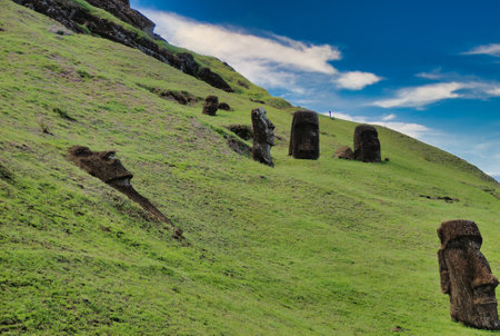Moais in Rapa Nui National Park on the slopes of Rano Raruku volcano on Easter Island, Chile.の写真素材