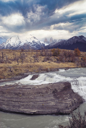 Cascada del Rio Paine waterfall in Torres del Paine National Park, Patagonia, Chileの写真素材