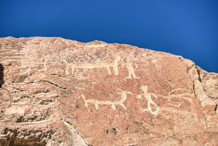 Petroglyphs of the archaeological site of Yerbas Buenas, Rio Grande, San Pedro de Atacama, Antofagasta Region, Chileの写真素材