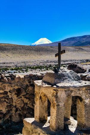Las Vicunas National Reserve. Aymara Church of Guallatiriの写真素材