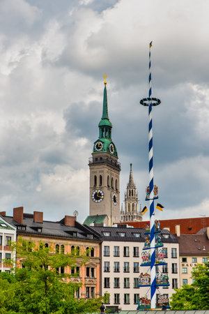 Munich Churches - Tower of St Peter and cityview of Munich, Germanyのeditorial素材