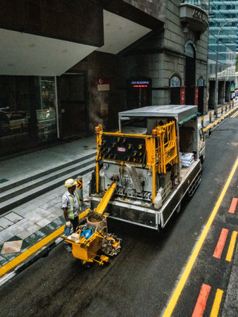 Singapore, Singapore - August  05, 2018: Workers at renovation works on street road of Singapore Downtown Coreのeditorial素材