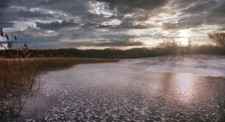 Natural winter forest landscape With frozen lake at sunsetの写真素材
