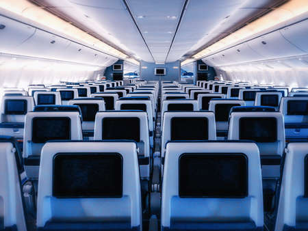 Cabin interior of a modern passenger aircraft (wide body)の写真素材