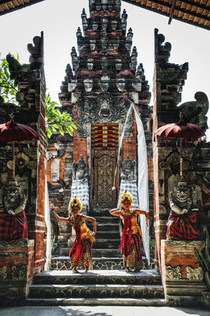 Bali, Indonesia - October 3, 2008:  Balinese Barong ritual dance during open air ceremony at Pura...