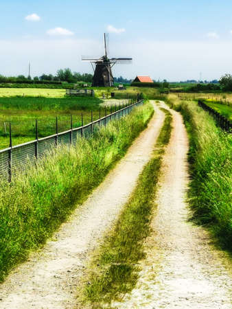 Stunning image of a traditional Dutch windmill in a beautiful landscapeの写真素材