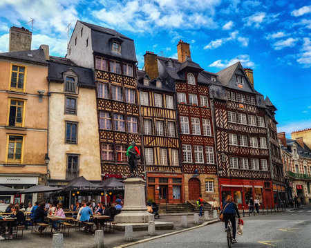 Rennes, France - July 12, 2021: Typical half-timbered facades of Brittany on the Place du Champ-Jacquet in Rennes, Franceのeditorial素材