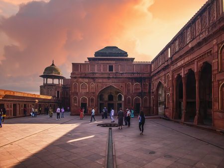 Agra Fort red sandstone medieval architecture structure with intricate carving. Agra Fort is a mughal architecture masterpiece and a UNESCO World Heritage siteのeditorial素材