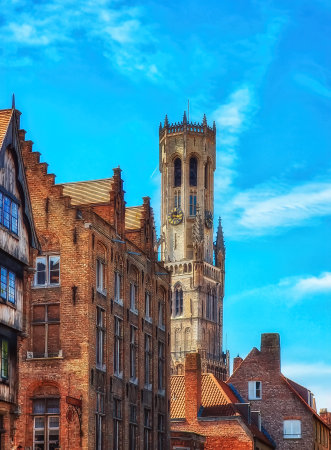 Bruges, Belgium. Cityscape with traditional houses and medieval bell tower Belfry in the city centreのeditorial素材