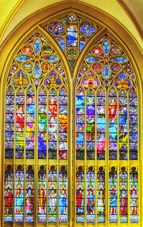Stained (coloured) glass windows of the Saint-Salvator Cathedral in Bruges (Brugge)のeditorial素材