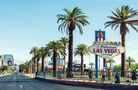 Las Vegas, Nevada, USA - August 01, 2022: People enjoy the famous Welcome To Las Vegas sign at the entrance to Las Vegas, Nevada.のeditorial素材