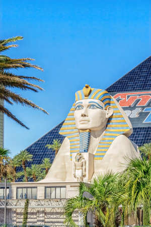 Las Vegas, Nevada, USA - August 01, 2022: Luxor Las Vegas in Las Vegas. Luxor opened in 1993 and contains a replica of the Great Sphinx of Giza and a pyramid shaped building with a spotlightのeditorial素材