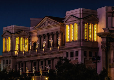 Las Vegas, Nevada, USA - August 01, 2022: The Illuminated Gardens of The Romanesque Caesars Palace Las Vegas Hotel and Casino on The Strip, Las Vegas, Nevada, USAのeditorial素材