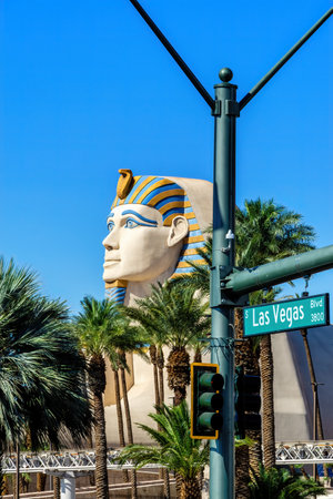 Las Vegas, Nevada, USA - August 01, 2022: Luxor Las Vegas in Las Vegas. Luxor opened in 1993 and contains a replica of the Great Sphinx of Giza and a pyramid shaped building with a spotlightのeditorial素材