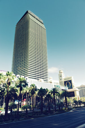 Las Vegas, Nevada, USA - August 01, 2022: View of the Cosmopolitan Hotel and Las Vegas Strip, internationally known for its concentration of resort hotels and casinos along its route.のeditorial素材