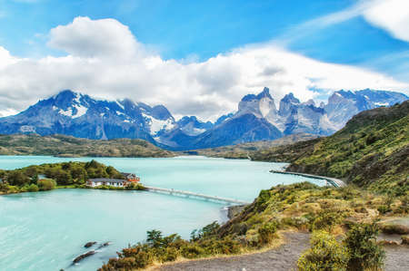 House on the island in the national park Torres del Paine, lake Pehoe, Patagonia, Chileの写真素材