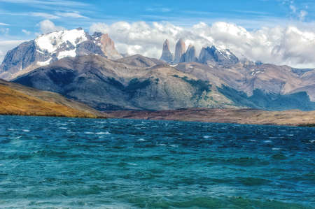 The Torres del Paine National Park view. Torres del Paine is a national park encompassing mountains, glaciers, lakes, and rivers in southern Patagonia, Chile.の写真素材