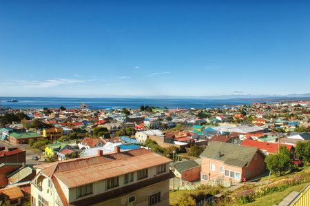 View of the houses in Puerto Natales. It is the gateway to one of the most popular tourist attraction in Chile, the Torres del Paine National Park.の写真素材