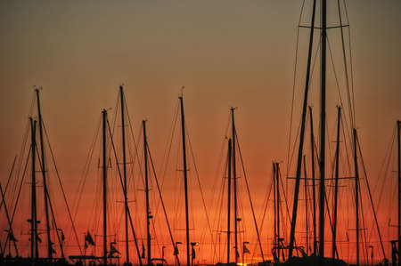 Golden sunset over marina with sailboat masts in silhouette.の写真素材