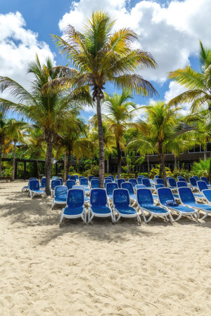 blue deck chair on the sea beach.の写真素材